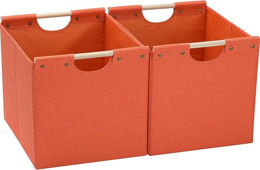 HOONEX Large Collapsible Storage Bins, Linen Fabric, Pack of 2, Storage Baskets with Wooden Carry Handles and Sturdy Heavy Cardboard, for Home, Office, Car, Nursery, Orange
