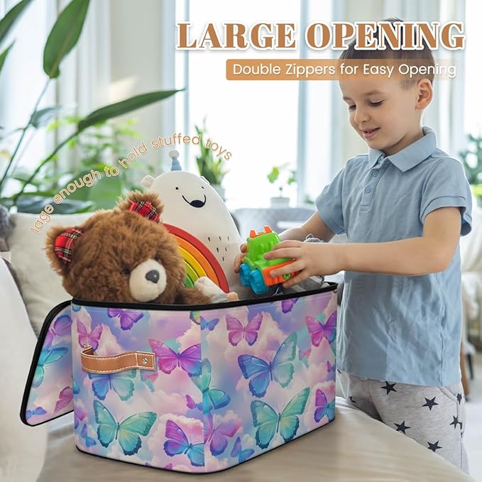 Colorful Butterfly Storage Bins with Zipper Lid, Watercolor Animals Lidded Storage Baskets Boxes Foldable Organizer with Leather Handles for Clothes Closet Shelf Toys-NeatNest