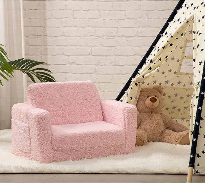 ALIMORDEN 2-in-1 Flip Out Cuddly Sherpa Toddler Couch Convertible Sofa to Lounger, Pink-NeatNest