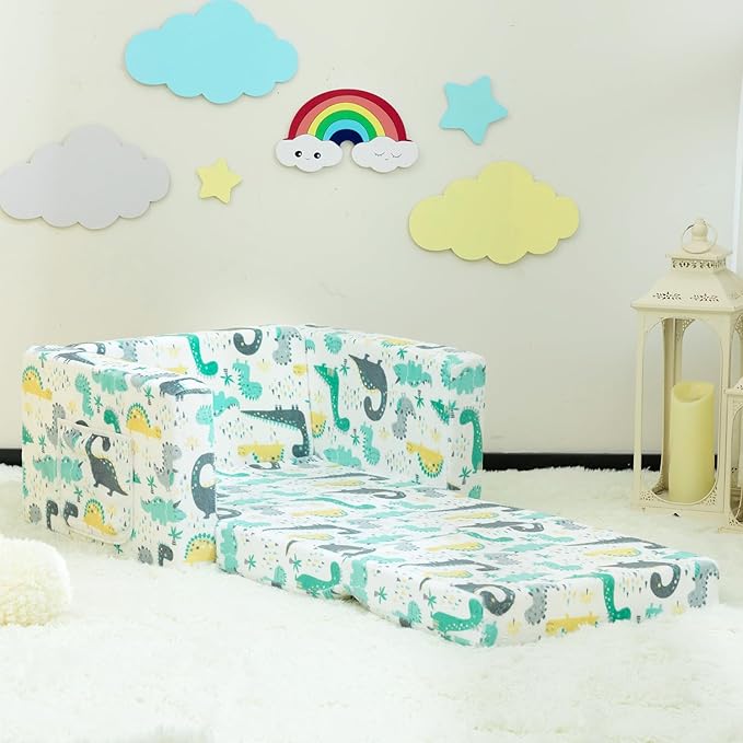 ALIMORDEN 2-in-1 Flip Out Cuddly Sherpa Toddler Couch, Convertible Sofa to Lounger, Dinosaur-NeatNest