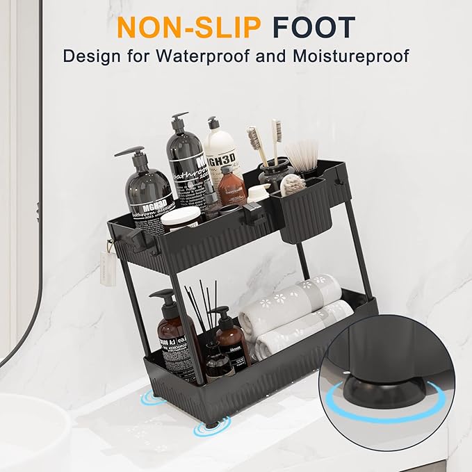 2 Pack Under Sink Organizer, Under Bathroom Cabinet Organizer with Hooks Hanging Cup, Multi-Purpose Storage Shelf for Kitchen Bathroom (Black, XL)-NeatNest