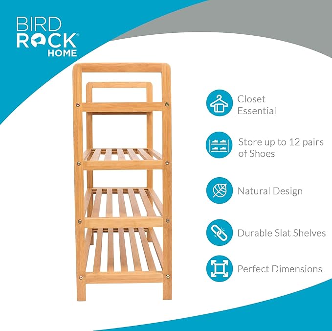 BIRDROCK HOME 4-Tier Bamboo Shoe Rack - Lightweight Wooden Organizer - Free Standing Storage Shelf for Closets, Hallways, Entryways, Mudrooms, and Front Doors - Art Deco Style - Fits 12 Pairs of Shoes-NeatNest
