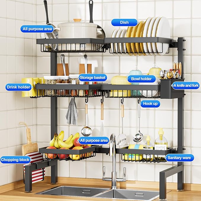 SNSLXH 3 Tiers 6 Baskets Dish Drying Rack, 24.8"-35.4",Over Sink Dish Drying Rack, 3-Tier Large Sink Rack for Kitchen, Extensible and Adjustable, Saving Kitchen Space