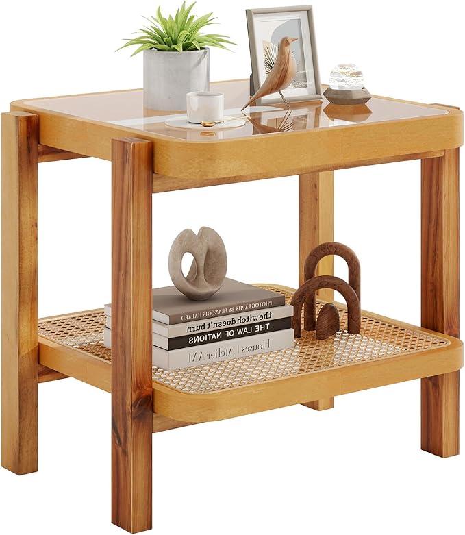 Giantex Rattan Side Table, Boho End Table for Living Room, Narrow Bedside Table with Tempered Glass Top, Wood Accent Table with Rattan Storage Shelf, 2-Tier Nightstand for Bedroom Small Spaces