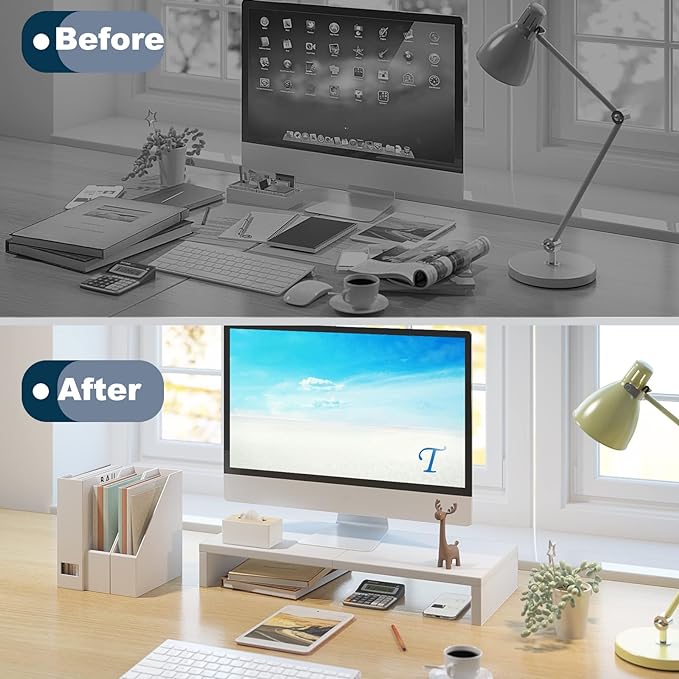 TEAMIX 20 inch White Monitor Stand Riser, Wood Desktop Stand for PC/TV/Laptop/Printer, White Monitor Riser with Storage, Computer Stand with Keyboard Organizer-NeatNest