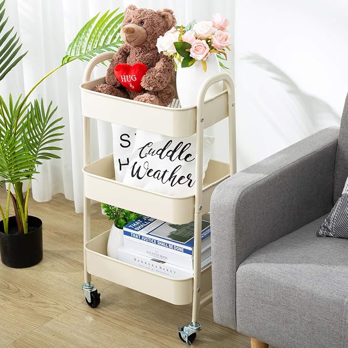 AGTEK Makeup Cart, Movable Rolling Organizer Cart,3 Tier Metal Utility Cart, Beige-NeatNest