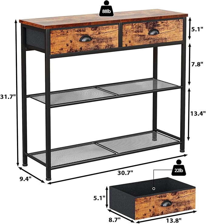 Furologee Console Sofa Table with Storage Shelf for Entry Way, Small 30'' Entryway Table with 2 Fabric Drawers, Industrial Display Shelves for Hallway, Entrance, Foyer, Rustic Brown-NeatNest