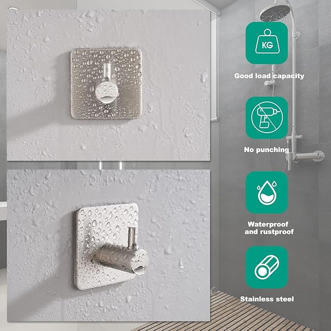 6 Pack Silver Adhesive Stainless Steel Wall Hooks - Heavy Duty Waterproof Shower Hooks for Towel, Robe, Coat, Hat, Key, Clothes