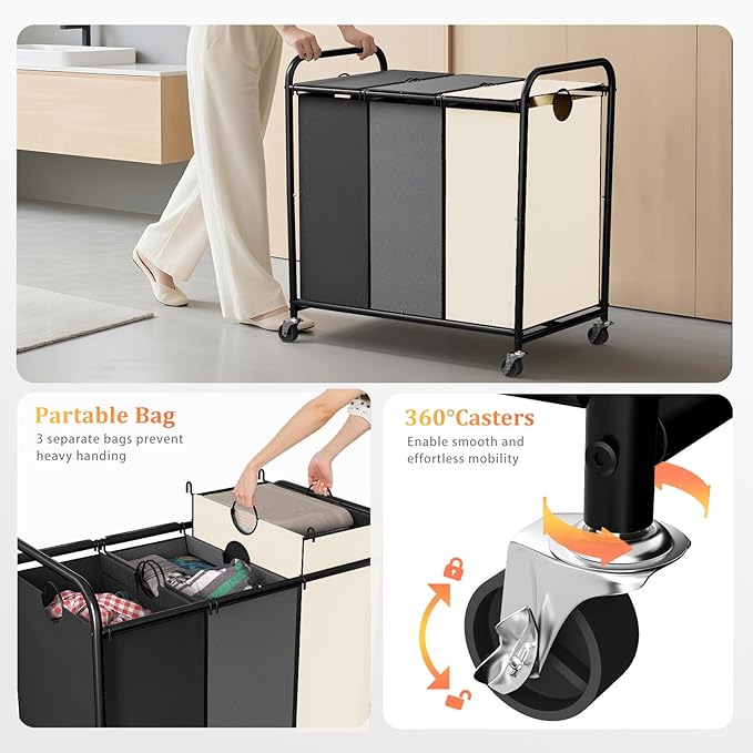 180L (47.55 Gal) Laundry Sorter 3 Section, Rolling Laundry Basket with Lockable Wheels and Lid, Laundry Hamper with 3 Separated Removable Bags Dirty Clothes Hamper for Laundry Room, Multicolor-NeatNest