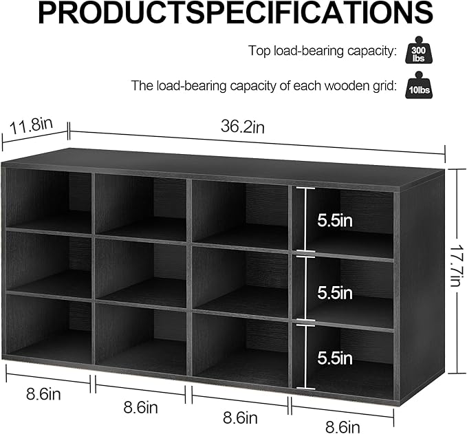 Garden 4 you Shoe Storage Bench, Cubby Shoe Rack with 12 Cubbies, 3-Tier Wood Shoe Rack Organizer, Shoe Organizer Cabinet for Entryway, Hallway, Closet and Garage, Black-NeatNest