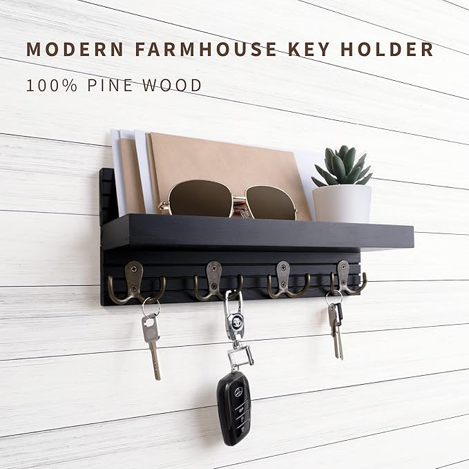 Black Wooden Key Holder - Wall Mounted Mail Organizer and Key Hanger - Modern Farmhouse Entryway Shelf with 4 Double Brass Hooks - Decorative Rack for Car Keys, Wallet-NeatNest