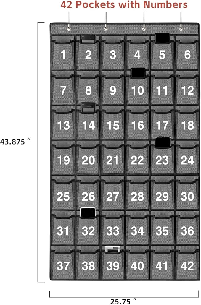 42 Pockets Numbered Classroom Pocket Chart for Cell Phones, Hanging Pocket Chart Storage for Classroom Phone Calculator Holder with 4 Hooks and 42 Clear Numbers Printing (Grey-42pockets)-NeatNest
