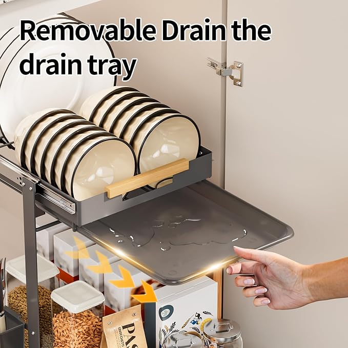 Under Sink Organizer,2 Tier Pull-Out Dish Rack Organizer for Cabinet,Slide out Storage Shelf with Utensil Holder for Cupboard,Under Cabinet Dish Drying Rack for Home, Kitchen, Pantry, Countertop-NeatNest