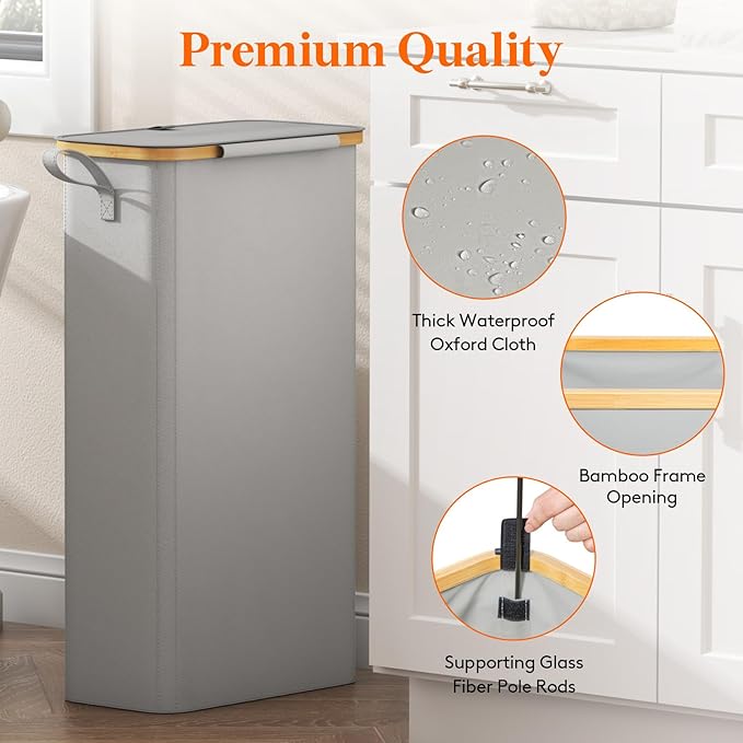Lifewit 65L Slim Laundry Hamper with Lid, Narrow Laundry Basket with Removable Bag & Bamboo Handles, Fodable Thin Dirty Clothes Hamper for Laundry Collapsible Bin for Bathroom Bedroom Dorm,Silver Grey-NeatNest