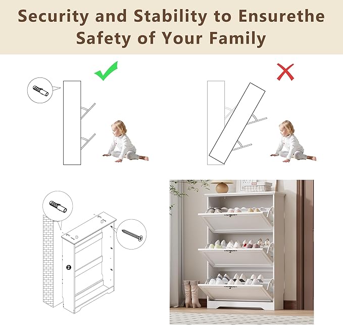 3 Flips Shoe Cabinet for Entryway, Narrow Shoe Storage Cabinet with Adjustable Shelves, Wooden Space-Saving Organizer and Rack for Foyer, Closet, Hallway