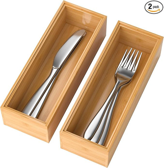 Bamboo Drawer Organizer – Set of 2 Stackable Storage Boxes, Silverware Tray & Small Gadget Holder for Kitchen Drawers, 9" x 3" x 2" (Outer), 8.3" x 2.3" x 1.77" (Inner)-NeatNest