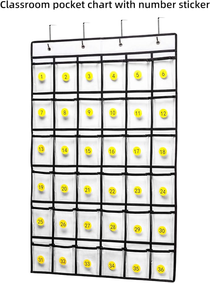 36 Clear Pockets Classroom Pocket Chart for Cell Phones, Pocket Chart for Calculator Phone Holder with 36 Number Stickers and Hooks (White)-NeatNest