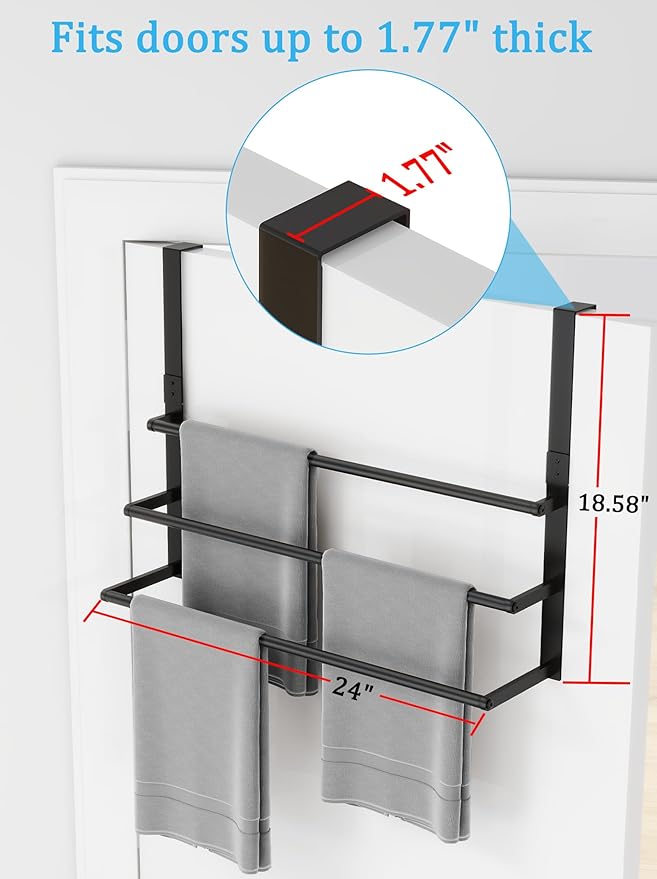 24Inch Over The Door Towel Rack, Stainless Steel DOKU Door Towel Hanger, Over Door Towel Holder with 3 Tier Towel Bars, Matte Black Over Door Towel Storage for Bathroom