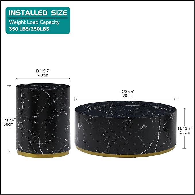 kevinplus BlackRound Coffee Table Side End Table Set of 2 for Living Room, Modern Contemporary Circle Drum Style, Gold Rim Bottom & Faux Marble Grain, No Assembly (Black, 2-Pcs)