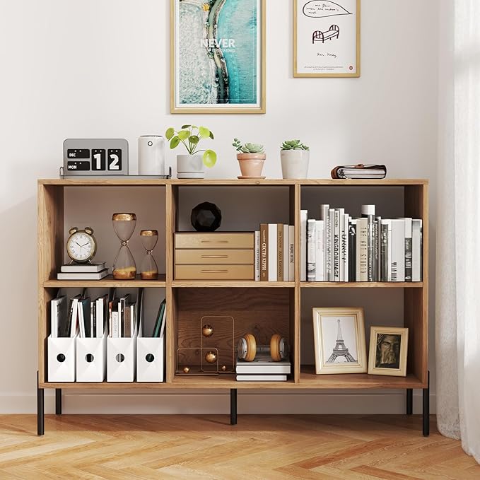 6 Cube Bookcase, Wood Storage Organizer with 5 Metal Legs, Bookshelf with Storage, Cubical Storage Shelf, Wooden Book Shelf, Display Shelves for Bedroom, Living Room, Entryway (Natural)