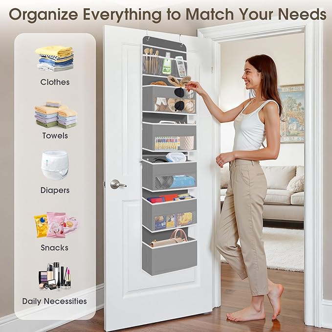 6-Tier Over The Door Organizer, Hanging Storage Organizer with Clear Window, 40lb Ultra Sturdy Large Capacity Room Organizer for Pantry Bathroom Nursery Closet Baby Essential (Grey)-NeatNest