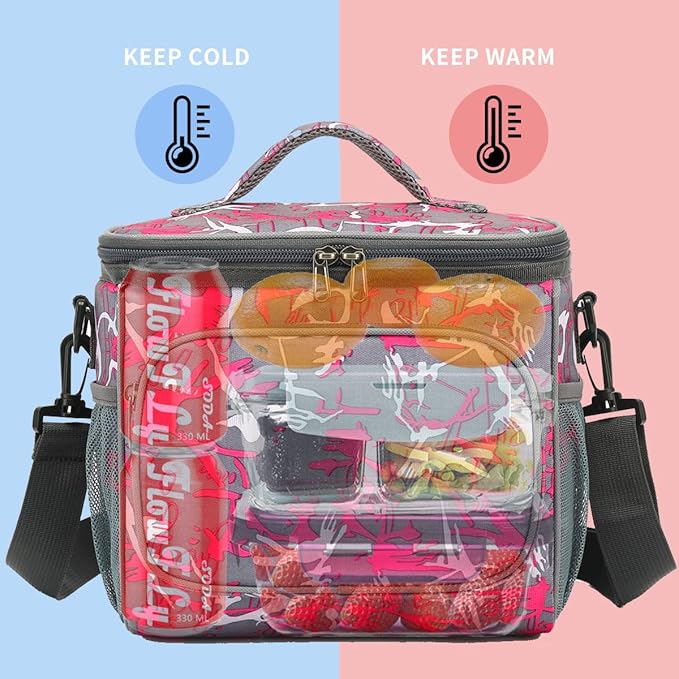 FlowFly Insulated Reusable Lunch Bag Adult Large Lunch Box for Women and Men with Adjustable Shoulder Strap,Front Zipper Pocket and Dual Large Mesh Side Pockets,Graffiti-NeatNest