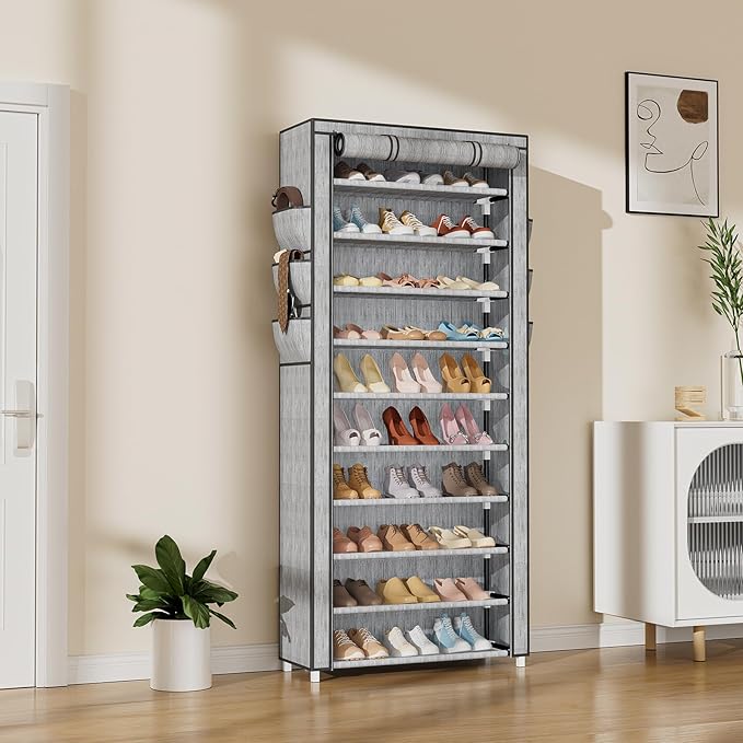 VTRIN Vertical Narrow Shoe Rack Organizer Tall Shoe Rack for Closet Entryway 10 Tier Non-Woven Cover Shoe Shelf Holds 36-41 Pairs Free Standing Shoe Storage Cabinet with Dustproof Cover, Multi Color-NeatNest