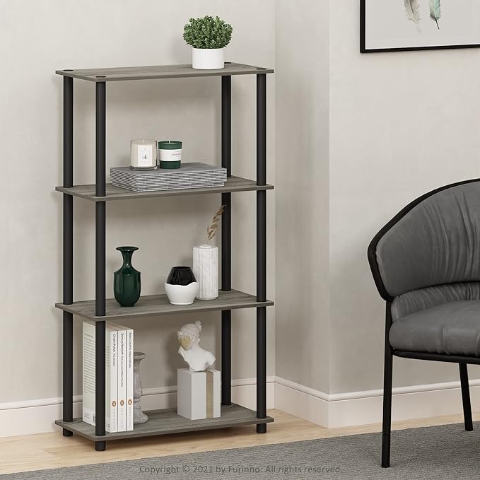 Furinno (99557GYW/BK) Turn-N-Tube 4-Tier Multipurpose Shelf Display Rack - French Oak Grey/Black-NeatNest