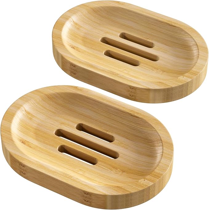 AmazerBath Bamboo Soap Holder, Bamboo Soap Dish, 2 Pack Soap Dishes for Bar Soap, Soap Tray Self Draining, Oval Soap Saver for Shower, Bathroom, Kitchen-NeatNest