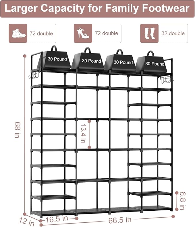 Kottwca 4 Row 10 Tier Large Shoe Rack Organizer for Closet Entryway, 72-80 Pair Shoe Boot Storage Rack, Metal Shoe Shelf Big Vertical Stackable Shoe Stand for Bedroom Corner-NeatNest