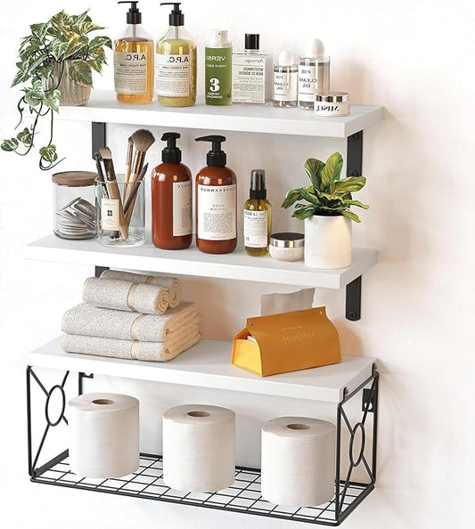 Amada Bathroom Shelves Over Toilet with Storage Basket, Floating Wall Shelves for Home Organization & Wall Decor, Bathroom/Kitchen/Living Room ShelvesWhite-NeatNest