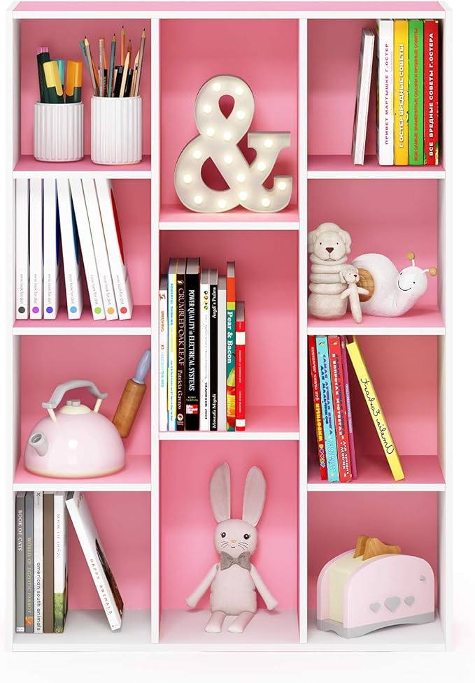 Furinno Luder Bookcase / Book / Storage , 11-Cube, White/Pink-NeatNest