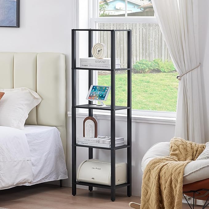 54in Tall Bookshelf 5-Tier Small Narrow Bookcase, Skinny Book Shelf for Small Space, Farmhouse Slim Shelf with Storage, Wood Freestanding Display Thin Bookshelves for Living Room, Office, Black
