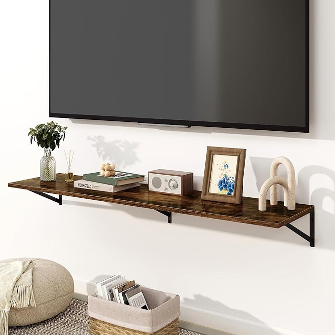 Fun Memories Floating Shelves for Wall, 12 Inch Deep Floating Shelves Set of 2, 55W x 12D Large Wall Shelf with Sturdy Metal Brackets for Living Room, Bathroom, Bedroom and Kitchen, Rustic Brown-NeatNest