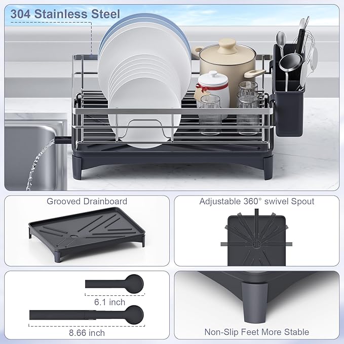 Stainless Steel Kitchen Counter Dish Drying Rack with Drainer and Cutlery Holder, 16.5" D x 11.8" W x 6.29" H