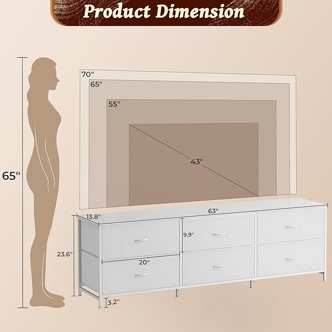 Huuger 63 Inch Long Dresser for Bedroom, Wide TV Stand for 55, 65, 70 Inch TV, 6 Drawer Dresser for Closet with Fabric Drawers, Storage Organizer for Bedroom, Entryway, PU Leather, White-NeatNest