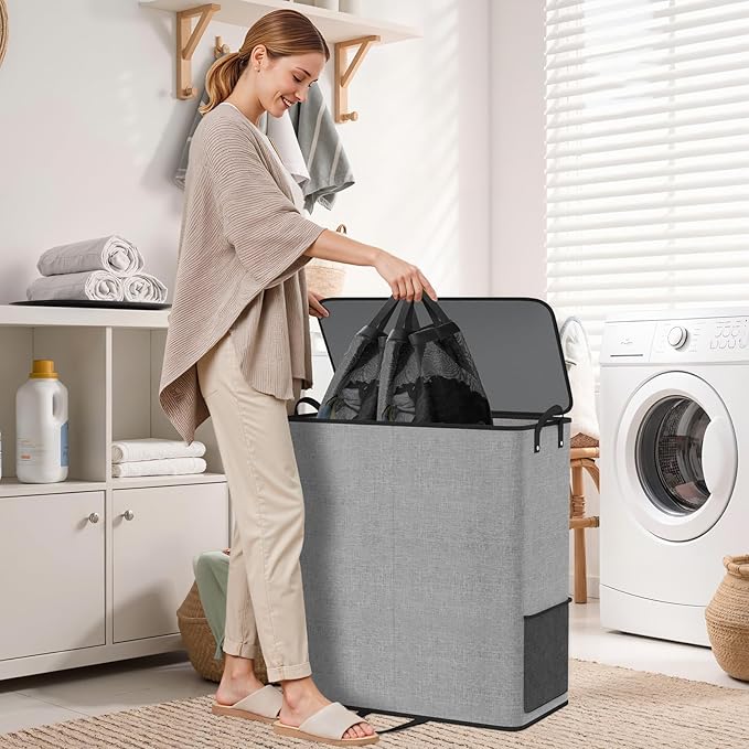 Large Double Laundry Hamper with Lid, Removable Bags & Reinforced Handles, 2 Section Tall Laundry Basket, Dirty Clothes Hampers for Laundry Room, Bedroom, Bathroom, Dorm, 136L, Gray-NeatNest