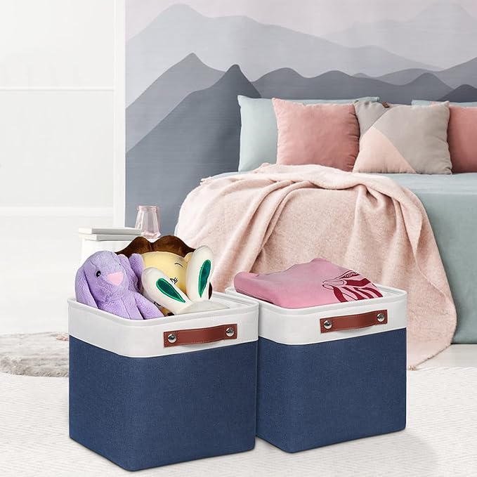 Univivi Fabric Cube Bins Set of 4 Storage Baskets with PU Handles for Home Closet Foldable Storage Bins (Blue, 10.5" x 10.5" x 11")-NeatNest