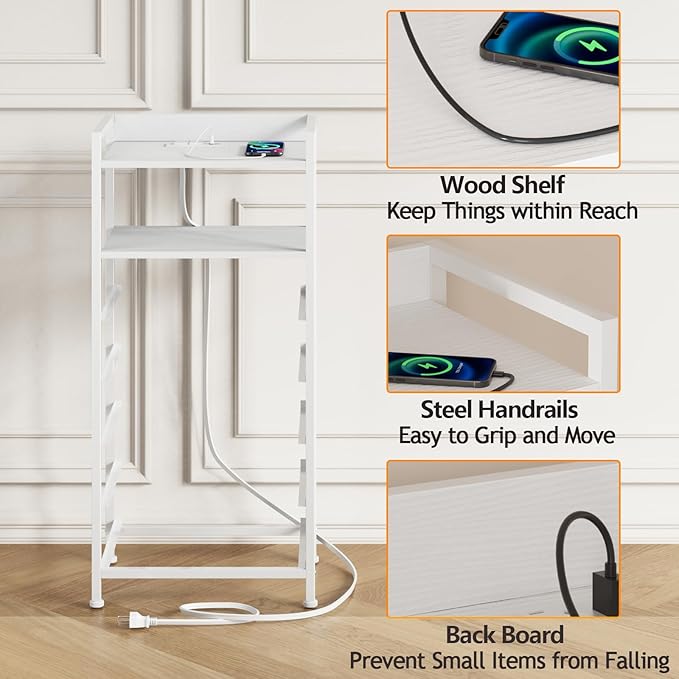Furnulem White Nightstand with 5 Storage Drawer, Tall Dresser for Bedroom with Led Light and Charging Station, Side Table Nightstand for Closet, Fabric Bins, Metal Frame, Wood Shelf(White)
