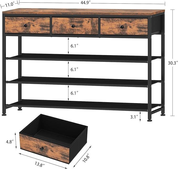 usikey 4 Tier Shoe Rack with 3 Drawers & 3 Fabric Shelves, Holds 15-18 Pairs, Metal Shoe Storage with Wood Top, Shoe Organizer for Entryway, Closet, Apartment, Rustic Brown-NeatNest