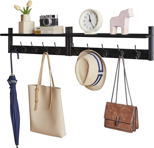 YMYNY Coat Rack Wall Mount with Shelf, 2 Pack 23.6" Coat Hooks Coat Hanger Wall Mount, Wall Hooks for Hanging, Hat Rack for Wall, Towel Hooks for Bathrooms, Black UHWS004B-2-NeatNest