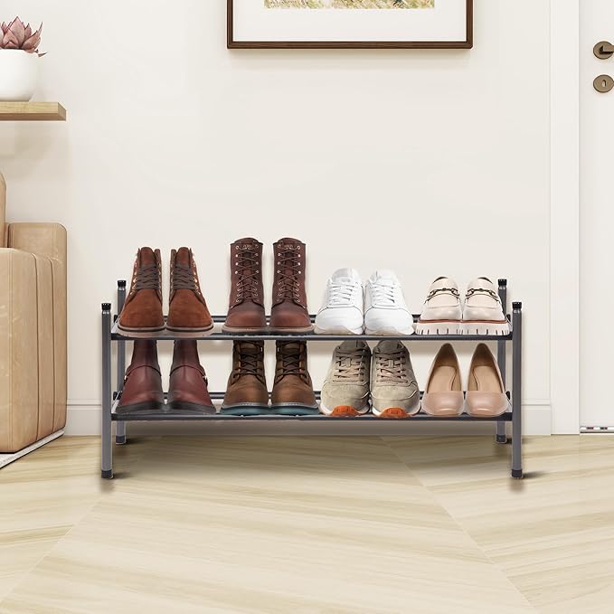 Shoe Rack, Expandable Shoe Storage Organizer for Closet, 2 Tier Metal Shoe Rack for Entryway, Adjustable Small Shoe Shelf for Front Door Entrance, Small Space, Garage-NeatNest