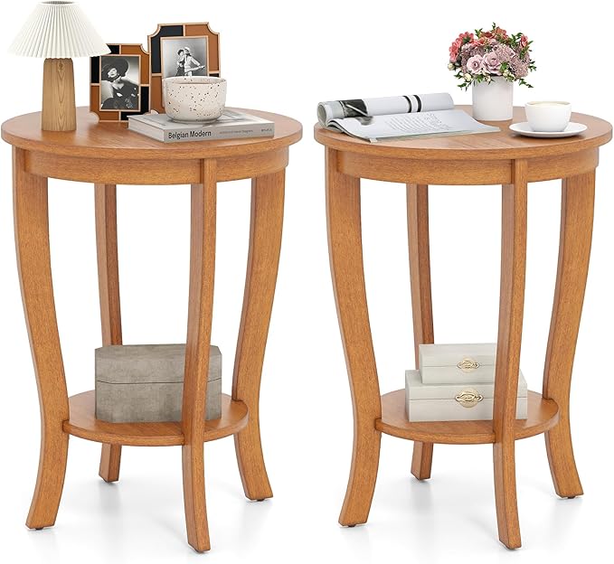 GOFLAME 2-Tier Round End Table Set of 2, 18” Sofa Side Table with Storage Shelf, Floor Tea Tables with Solid Wood Legs, Compact Nightstand for Small Space, Living Room, Bedroom, Light Brown