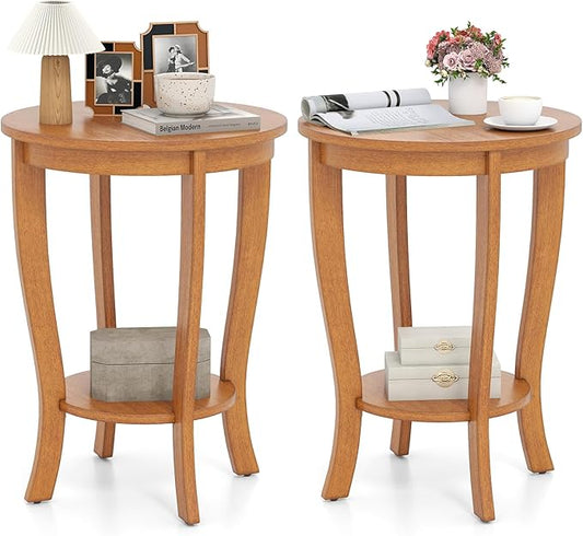 GOFLAME 2-Tier Round End Table Set of 2, 18” Sofa Side Table with Storage Shelf, Floor Tea Tables with Solid Wood Legs, Compact Nightstand for Small Space, Living Room, Bedroom, Light Brown