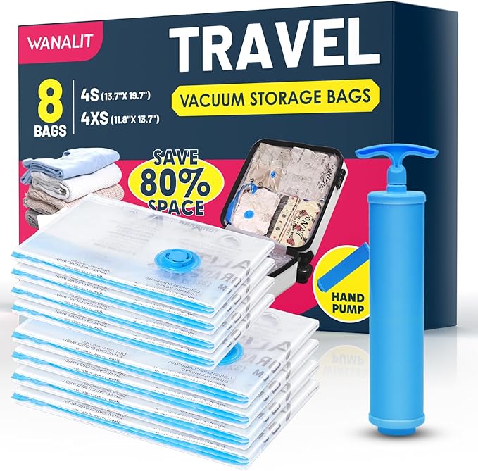 Travel Vacuum Storage Bags with Hand Pump, 8 Pack (4S+4XS) Vacuum Seal Bag Travel Essentials Space Saving Bags for Clothes, Luggage, Carry-on Suitcase, Backpack, Holiday Business Trip-NeatNest