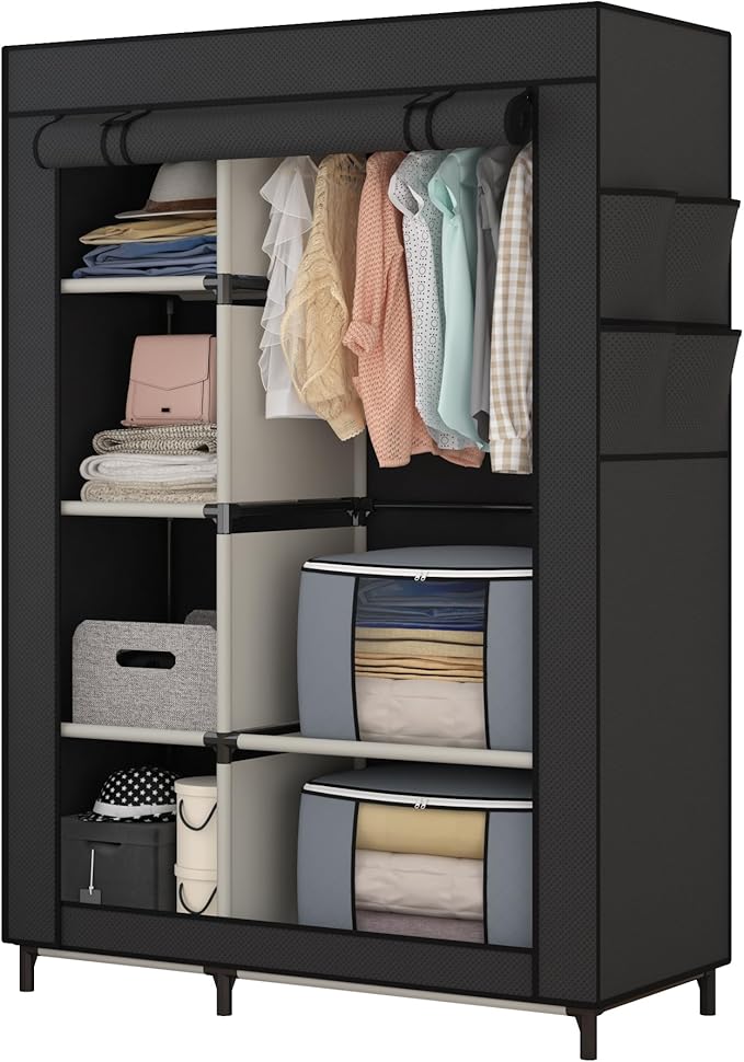 Calmootey Portable Closet, Wardrobe with 6 Shelves and Hanging Rod, Storage Organizer for Bedroom, Non-Woven Fabric Cover with 4 Side Pockets, Includes 2 Storage Bags for Clothes, Black-NeatNest