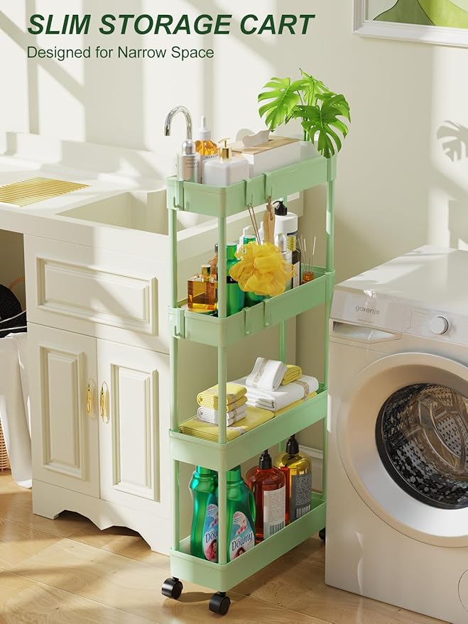 LEHOM 5.1" Slim Storage Cart - 4 Tiers Bathroom Organizer Mobile Shelving Unit Storage Rolling Utility Cart Slide Out Organizer for Kitchen Bathroom Laundry Narrow Places, Green
