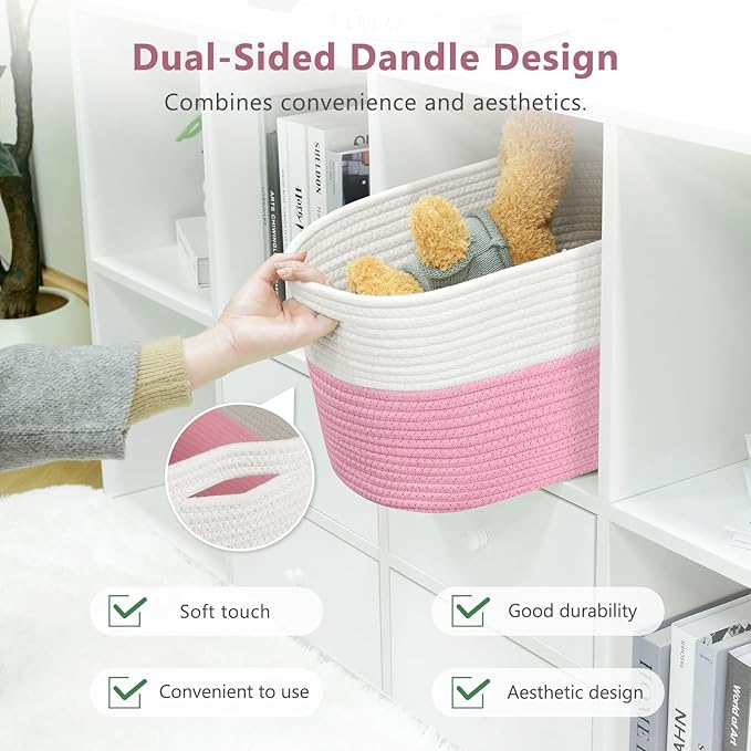 Cotton Rope Shelf Storage Basket, 15x10x9 in, Shelf Storage Baskets for Clothes, Toys, Towels, Books, Laundry (White/ Pink, 2 Pack)-NeatNest