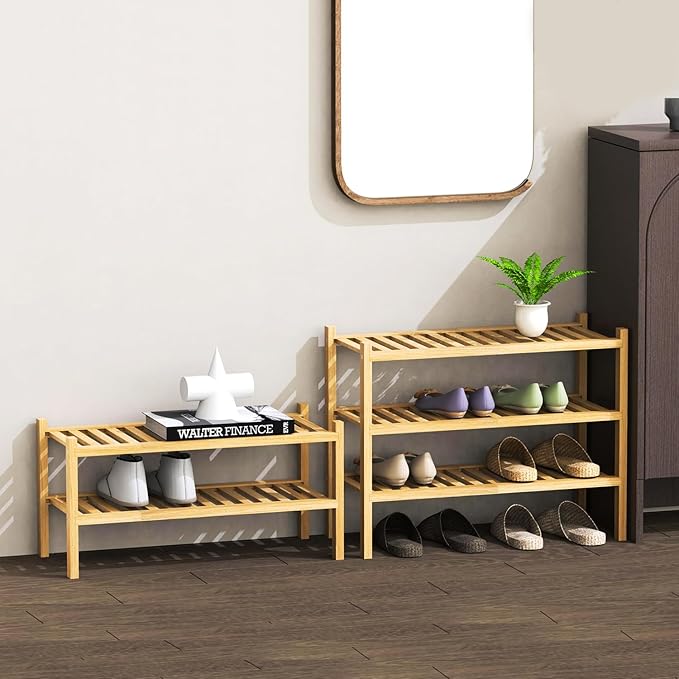 Shoe Rack 3-Tier Organizer-Stackable Storage Shelf with Multi-Function Combinations-Free Standing Bamboo Shoe Racks for Closet,Entryway,Hallway,Bathroom,Living Room Shoe Organization (Natural,3-Tier)-NeatNest