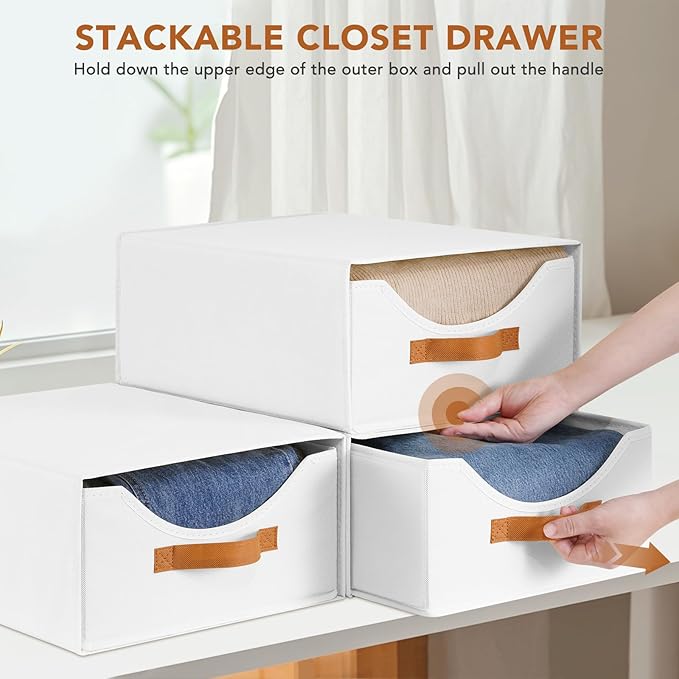 4 Pcs Closet Drawers and Large Size Clothes Storage Bins Push-Out Storage Stackable Shelf Drawers with See-Through Window Closet Organizers for Bedroom, Living Room, Under Bed, White-NeatNest
